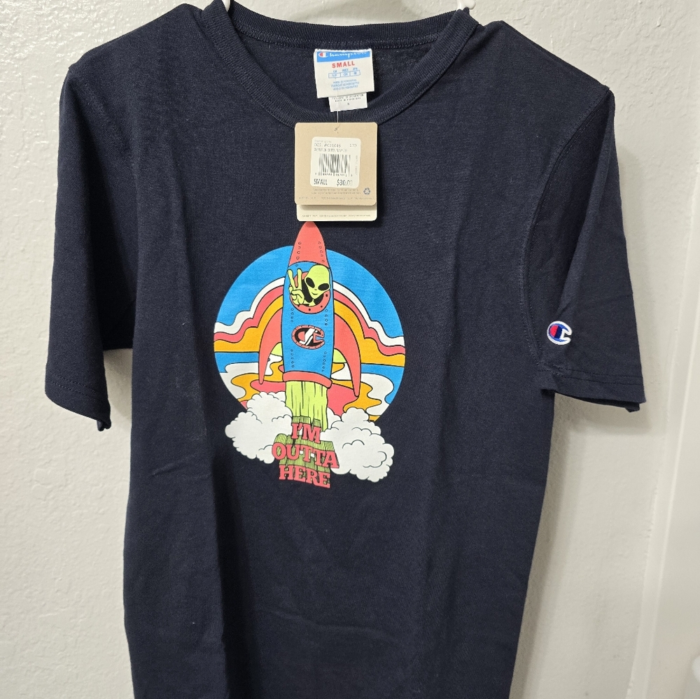 NWT Champion "I'm Outta here" Navy Alien Tee Mens Small